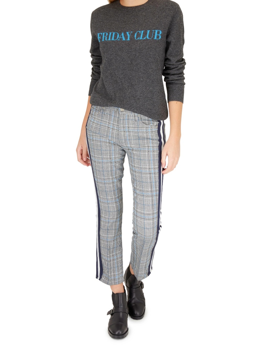 MOTHER The Insider Ankle Jeans 27 Plaid Side Stripe Happy People Read Coffee